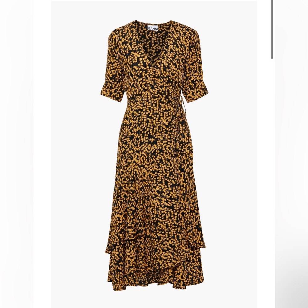 Ganni Dexter Goldstone Black and Gold Floral Midi Wrap Dress with Flared Skirt - Picture 5 of 9